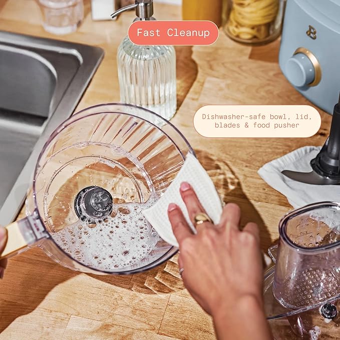 Beautiful by Drew Barrymore 10-Cup Food Processor, 500-Watts, Variable Speed, Pulse, 3" Wide Feed Tube, Stainless Steel Blades, Dishwasher Safe, Large Bowl, Accessories Included (Cornflower Blue)