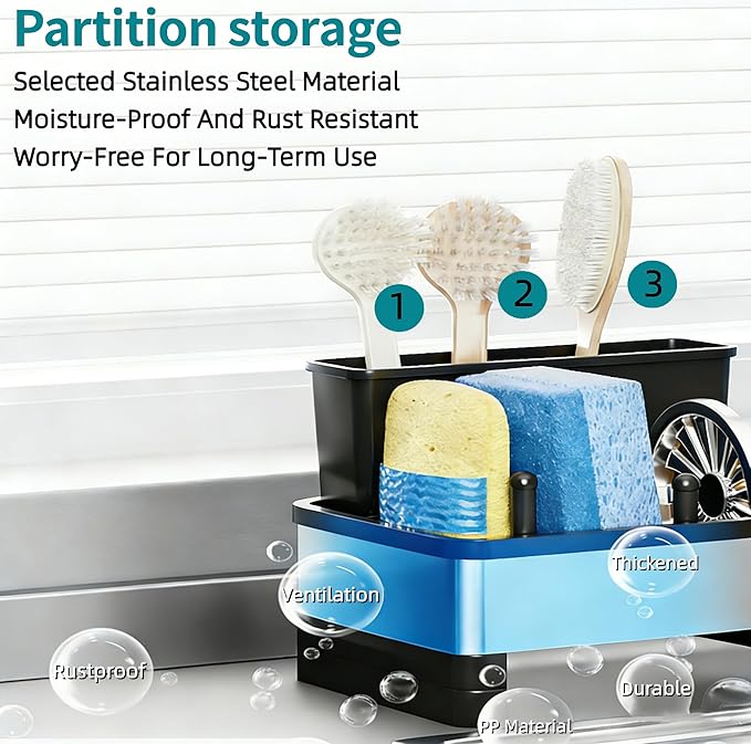 304 Stainless Steel Sink Caddy with Auto-Drain, Kitchen Sink Organizer Sponge Holder with Towel Rack & Removable Brush Holders, Countertop Storage for Soap Dispenser, Dishcloth, Kitchen Accessories