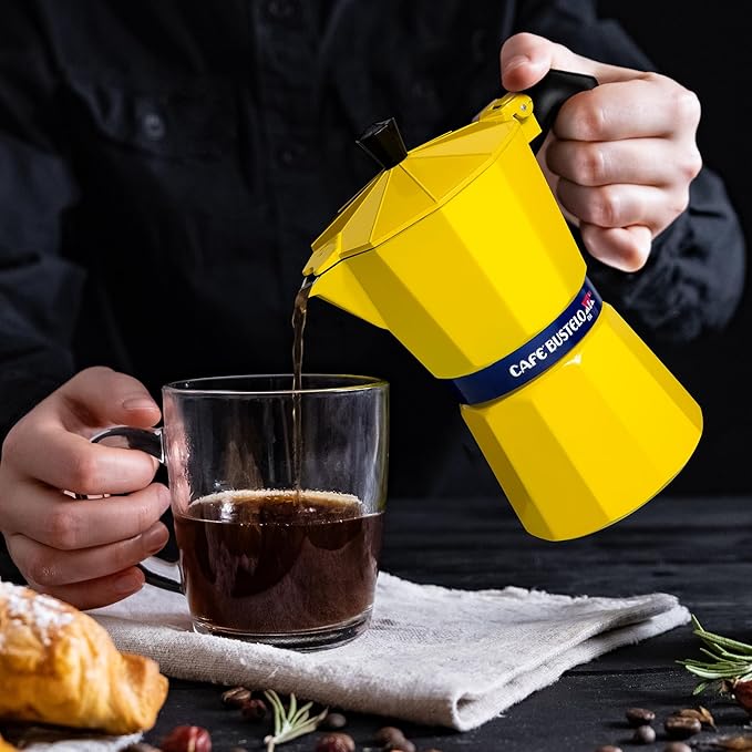 LORD'S ROCKS Café Bustelo Stovetop Espresso Maker – 300 ml Cup Moka Pot Coffee Percolator, Durable Aluminum with Heat-Resistant Handle, Bold Yellow Design – Authentic Café-Style Coffee at Home