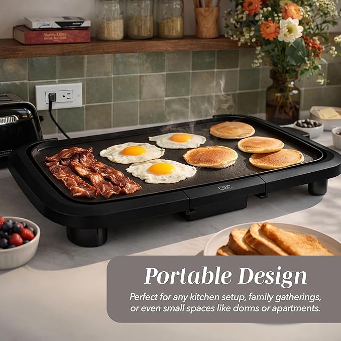 COOK WITH COLOR Electric Griddle 1200W, Nonstick Surface for Pancakes, Burgers, Eggs & More, Removable Temperature Control, Slide-Out Drip Tray, 10" x 16" Cooking Area, Black