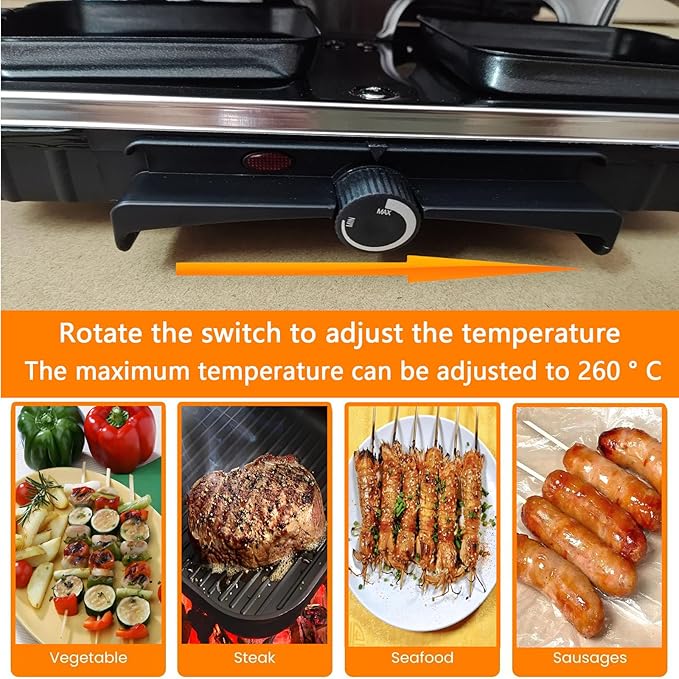 Indoor Grill Table Smokeless Portable Griddle Raclette Grill Nonstick with 8 Cheese Maker Pans Temperature Control & Dishwasher Safe 1300W Ideal for Parties and Family Fun