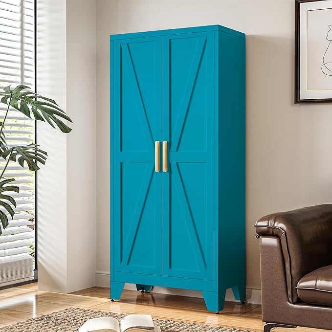61" Tall Metal Storage Cabinet with 2 Doors and 3 Adjustable Shelves, 4-Tier Kitchen Pantry Storage Cabinet for Kitchen, Living Room, Dining Room and Office, Blue