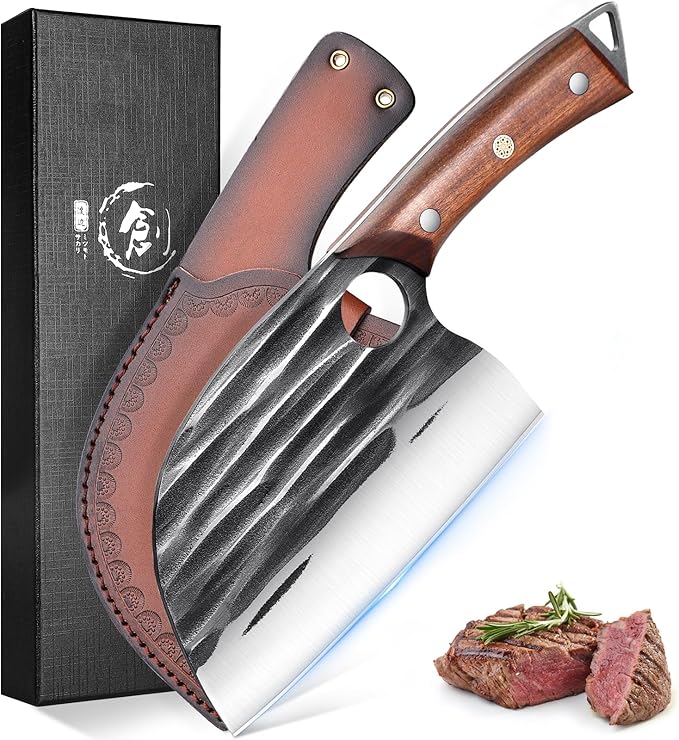 ROCOCO Serbian Chef Knife Butcher Cleaver Knife with Sheath for Kitchen Outdoor BBQ Camping Birthday Father Mother Christmas Gift Men 6.2"