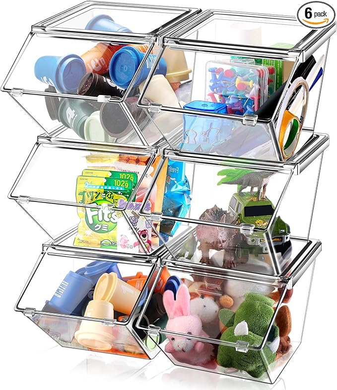 Yerliker 6 Pcs Clear Plastic Storage Bins with Lids Large Stackable Pantry Storage Organizer Bins Kitchen Organization Cabinet Organizers Ideal Containers for Fridge, Kitchen, Cabinets (Clear)