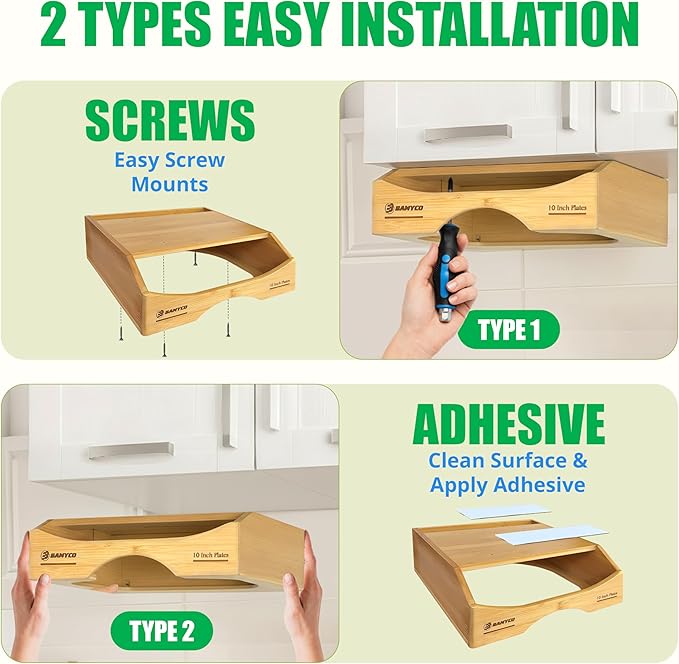 Bamboo Paper Plate Dispenser Under Cabinet for 10 Inch Paper Plates - Plate Organizer for Cabinet – Storage Paper Plate Holders Reusable for Kitchen organizer and Plastic Dinner Plates Disposable