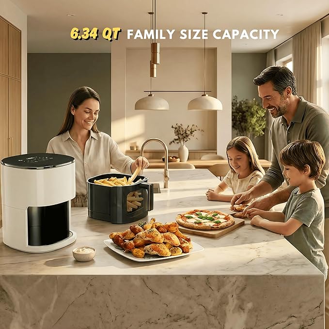 Airfryer 12-in-1,Large Air Fryer 6QT, Square Airfryers Non Toxic, Cooking, Fries, Custard, Chicken Wings, Sea Food, Vegetabels, Nonstick & Easy-Clean Basket, Beige