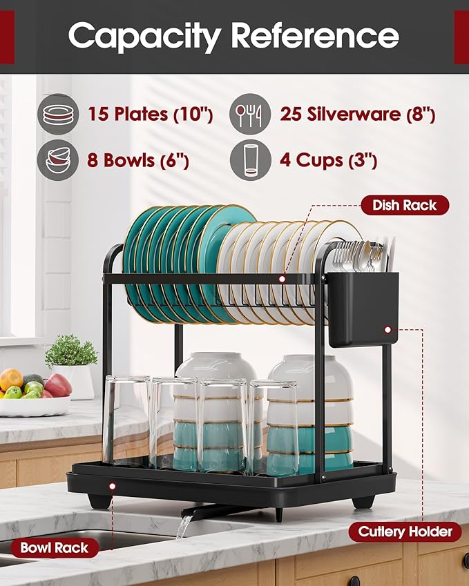 Sakugi 2-Tier Dish Drying Rack - Stainless Steel Dish Rack with Cutlery & Utensil Holders for Kitchen Counter, Sink Organization and Storage for Small Family, 15" W x 11.4" L x 15" H, Black