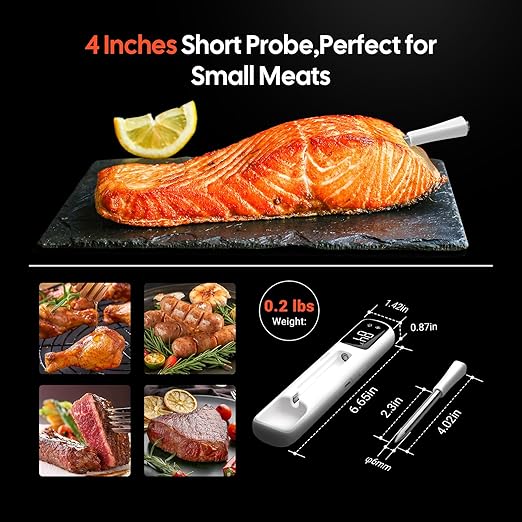 Wireless Meat Thermometer Digital with Clear White LED Display,1000ft Bluetooth 5.4 Meat Thermometer, 4 inches Short Smart Food Thermometer Probe for BBQ, Grill, Rotisserie