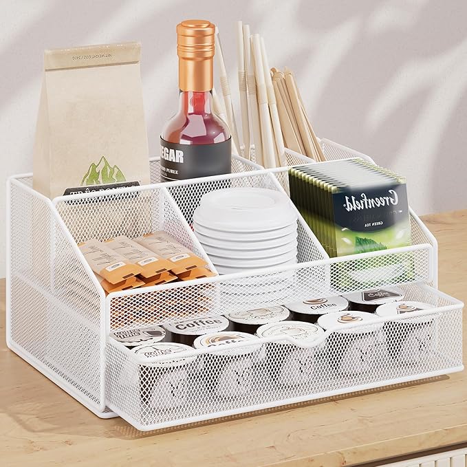 VITVITI Coffee Station Organizer for Countertop, Metal Coffee Bar Organizer Basket with Drawer, 6 Compartments Bar Station Holder for Pods Tea Bag, White