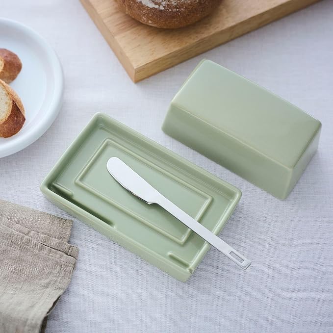 ZERO JAPAN Compact Butter Dish for Countertop, Fits West Coast Butter Sticks (Stubby Size), Ceramic Butter Keeper with Lid, Space-Saving Design, Made in Japan, Artichoke