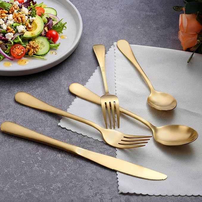 LIANYU Matte Gold Silverware Set for 8, 40 Piece Stainless Steel Flatware Utensils Set, Satin Finish Cutlery Set Include Spoons Forks and Knives, Modern Metal Tableware Set for Home, Dishwasher Safe