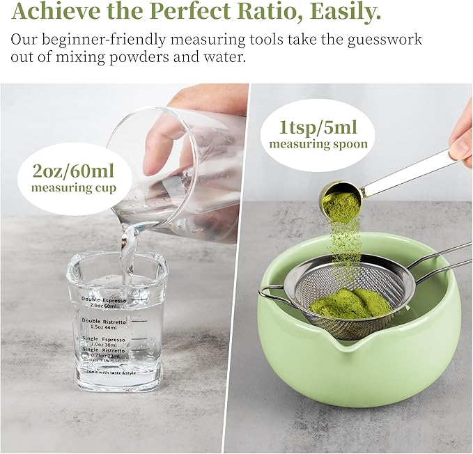 YIBO Matcha Whisk Set, Matcha Kit Bamboo Whisk and Ceramic Bowl with Spout & Measuring Spoon & Cup, Japanese Ceremony Matcha Tea Making Tools Green
