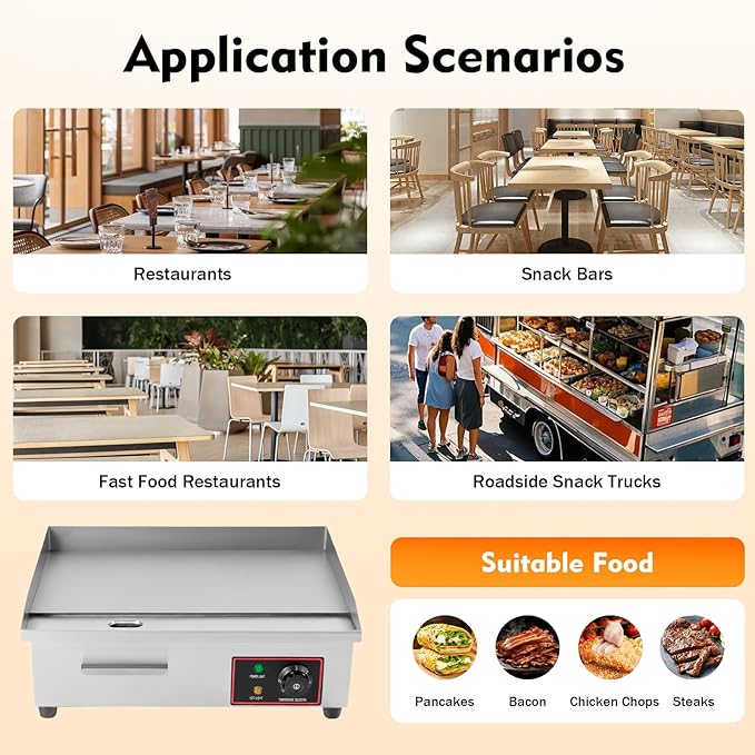 110V 3000W 22" Commercial Electric Countertop Griddle, Flat Top Grill Hot Plate BBQ Adjustable Thermostatic Control Electric Griddles Grill Stainless Steel Restaurant Grill for Kitchen