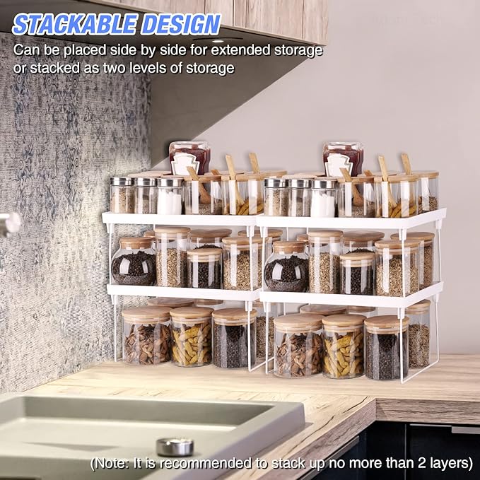 NiHome 4-Pack Stackable Plastic Kitchen Storage Shelf Foldable Rack - White Kitchen Cabinet Organizer and Storage Shelves Stackable Expandable Storage Racks for Counter Cabinet Pantry
