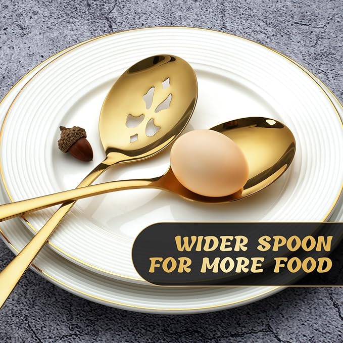 6 Piece Stainless Steel Serving Spoon Set - 3 Large, 3 Slotted,Dishwasher Safe,10-Inch,Gold, for Parties/Kitchen/Buffet/Catering