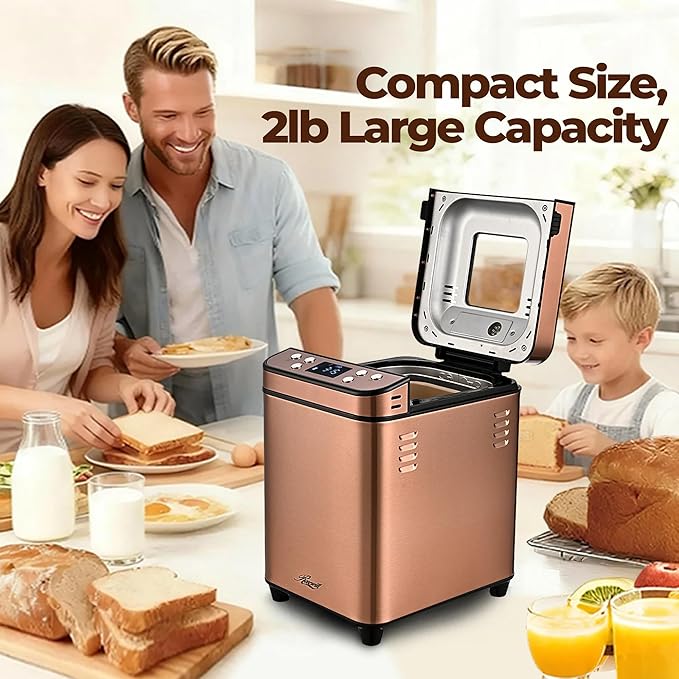 Rosewill 25-in-1 Automatic Bread Maker Machine with 3 Loaf Size up to 2 Lb, 700W High Power Dual Heater Bread Maker with BPA-free Nonstick Coating Pan, Max 15 Hours Delay Timer, Low Noise - Cinnamon
