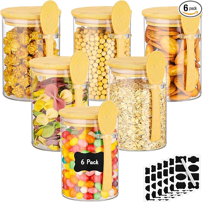 Glass Jar with Bamboo Lids and Spoon - 6 Pack 18 Fl.oz Round Food Storage Containers, Includes Labels and Marker, Airtight Tea Canister Pantry Jars for Sugar, Ground Coffee, Oats, Meal Prep