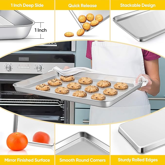 Homikit Baking Pan Sheet Set of 2, Stainless Steel Cookie Sheets Tray for Oven, 20 x 14 Large Metal Half Sheet Bakeware for Cooking Baking, Rustproof & Heavy Duty, Mirror Finish & Dishwasher Safe