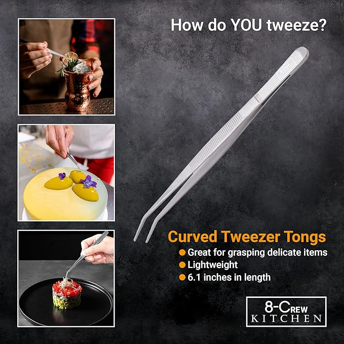 8-CREW KITCHEN Culinary Stainless Steel Tweezers, 6-inch Set of 3 Chef Precision Tongs for Plating, Decorating, Food Design, Bar and Multi-Purpose