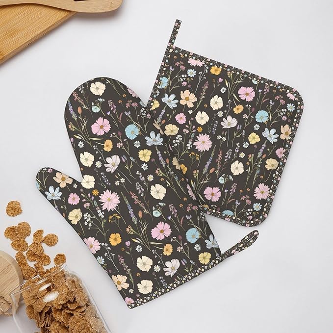 Oven Mitts and Pot Holders Set, Vintage Flower Botanical Leaf Silicone Kitchen Accessories 4 Piece Heat Resistant Long Gloves Potholder Non-Slip Grip for Chef Cooking Baking Grilling BBQ