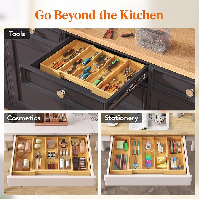 Lifewit Utensil Organizer for Kitchen Drawer,Narrow Silverware Tray for Kitchen Drawers, Bamboo Cutlery Silverware Flatware Holder