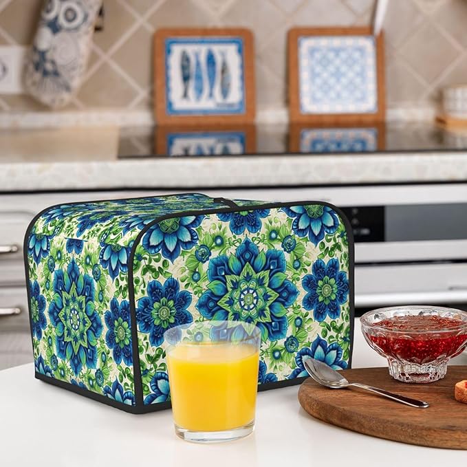 Green Blue Batik Covers for 4 Slice Toasters,Cute Country Bread Machine Cover with Handle,Washable Stain Resistant Kitchen Small Appliance Cover Dining Decor