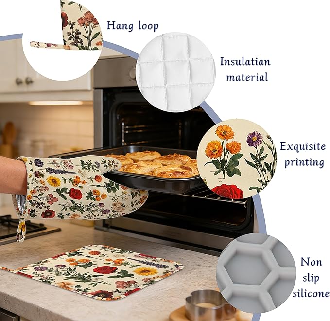 Wildflowers Red Rose Pot Holders and Oven Mitts Set Silicone Vintage Herb Kitchen Gloves Potholders Heat Resistant Washable,Chef Cooking Baking Gifts for Women Men Bakers Lover Cooks