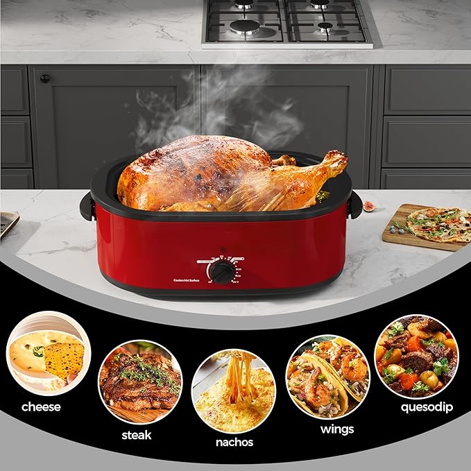20Qt Roaster Oven Buffet with Self-Basting Lid, 1450W Stainless Steel Electric Turkey Roaster Oven with Cool-Touch Handles, Removable Pan and Rack, Red