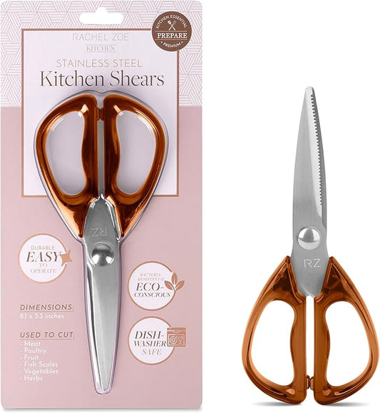 Rachel Zoe Multi-Purpose Kitchen Scissors, Stainless Steel Kitchen Shears with Protective Sheath & Soft Handle Grips, Dishwasher Safe, Vegetables, Fruits & Meat Cutting Scissors (Brown/Silver)