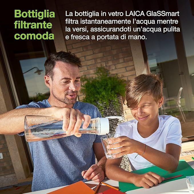 Laica Bk31A Glassmart Glass Filter Bottle, 3 Fast Disk Filters Included, 360 Liters Instantly Filtered Water, White/Transparent, ‎13.8 x 13.7 x 38.8 cm; 1.05 kg
