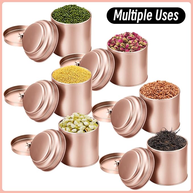 Meanplan 12 Pcs Tea Tin Canister with Airtight Double Lids Round Tin Can Box Small Kitchen Tea Canister Loose Leaf Storage Containers for Loose Bags Coffee Sugar Candy Spices(Rose Gold,8 oz)