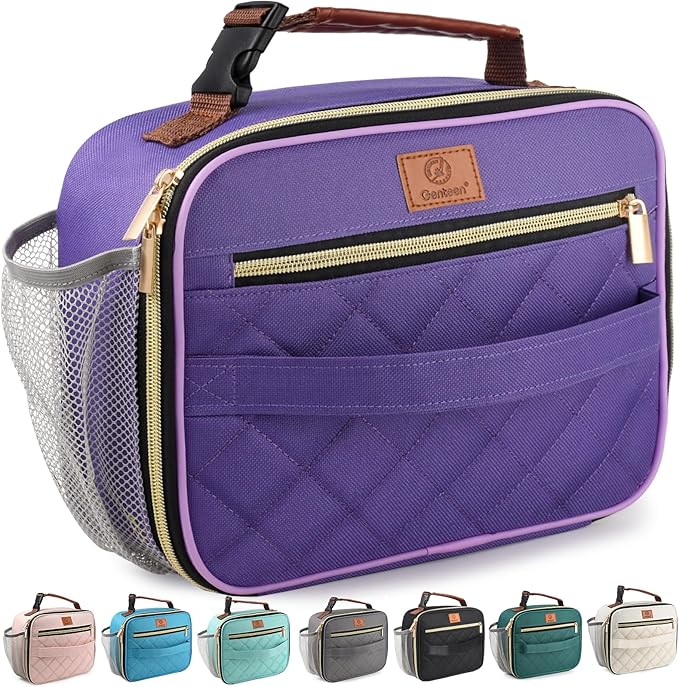 Genteen Lunch Box for Women Adults Girls - Insulated Small LunchBox Reusable, Zip Closure & Buckle Handle, Portable Cooler for Work, School, Travel (Purple)