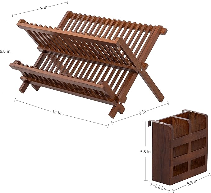 HBlife Dish Rack,Teak Folding 2-Tier Collapsible Drainer Dish Drying Rack with Utensils Flatware Holder Set (Dish Rack with Utensil Holder)