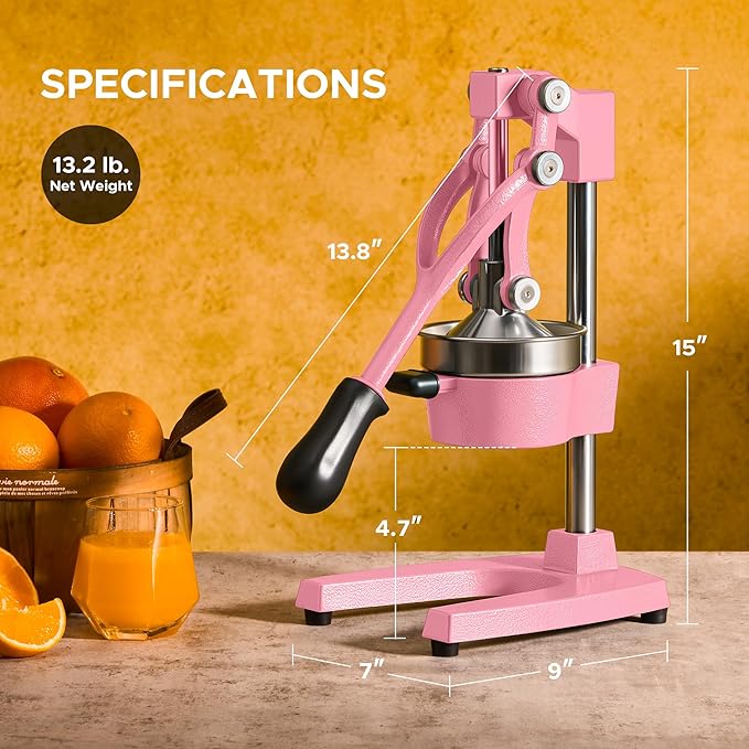 CO-Z Manual Citrus Juicer, Heavy-Duty Manual Juicer with Conical & Flat Pressure Plates, Professional Lemon Squeezer for Orange Pom Lime Lemon Juice, Dishwasher Safe Juice Press, Pink