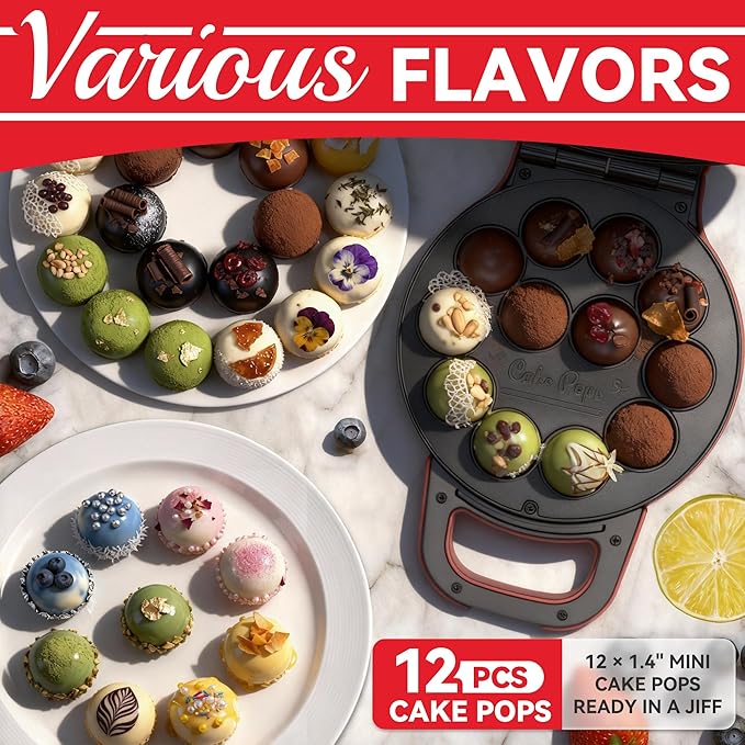 SugarWhisk Flip Cake Pop Maker Machine with Ceramic Coating, Make 12 x 1.4 Inch Cake Pops, Cake Pop Kit for Kids, Cake Pop Supplies, Snack Machine, Recipe & Brushed Included, Red