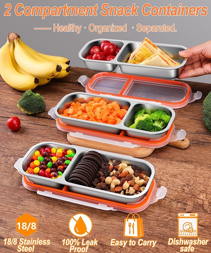 KTKUDY Stainless Steel Snack Container for Kids & Adults - Leek Proof Metal Bento Lunch Box with 2 Compartment - Lunchable Container for Daycare, School, Work, Travel - Stackable Bento Snack Box