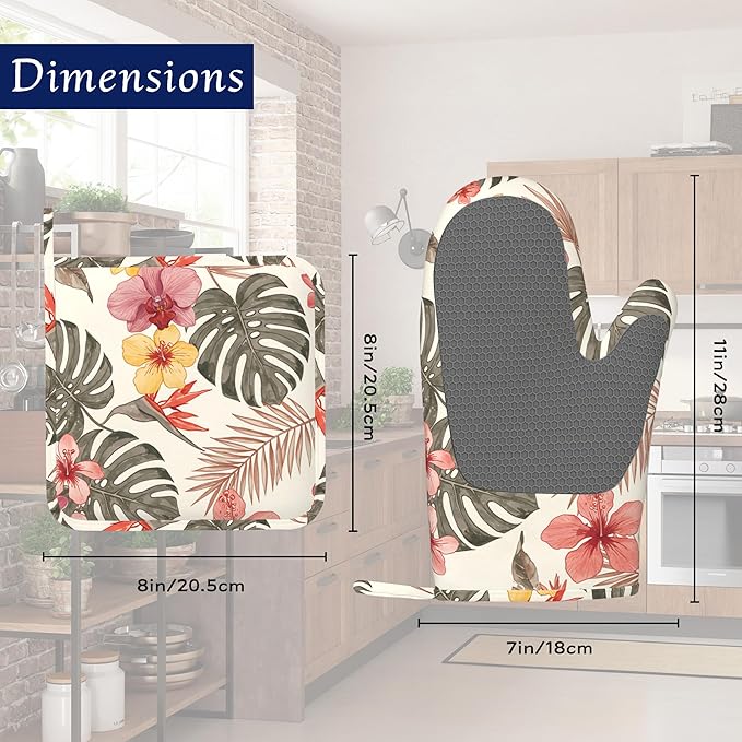 Palm Leaf Oven Mitts and Pot Holders Tropical Hibiscus Flower Silicone Kitchen Accessories Set of 4 Heat Resistant Non-Slip Long Gloves Potholder for Chef Cooking Baking Gifts Women Men