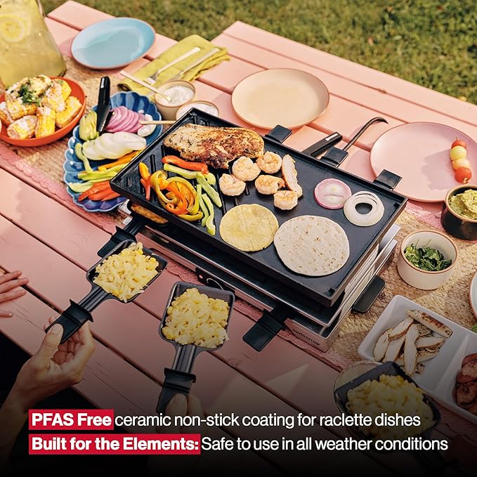 Swissmar Verso Indoor & Outdoor Raclette Grill with Cast Iron Reversible Griddle / Grill Top - 1700W Electric Raclette Set with PFAS-Free Nonstick Dishes, Variable Heat Control, 8-Person