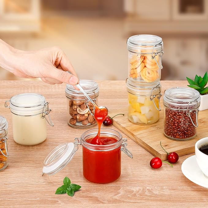 Small Glass Jars with Lids 8 oz, Airtight Clamp Lid Glass Storage Jars, Thick Lead-Free Glass Containers for Pantry Organization, Jam, Yogurt, Overnight Oats, Food Storage