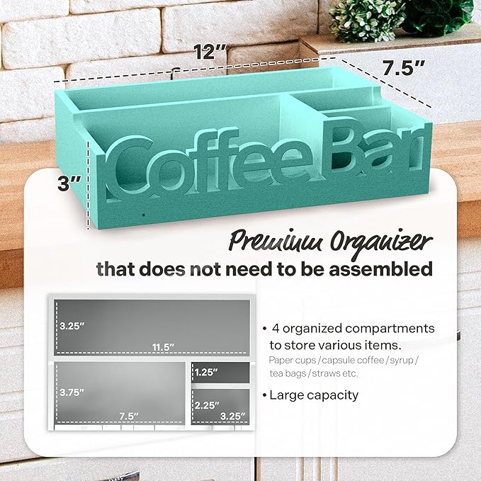 Coffee Bar Organizer for Countertop - Wood Coffee Pods Holder Storage Basket, Essential Coffee Bar Accessories for Home and Office, Condiment Station, Mini Coffee Bar