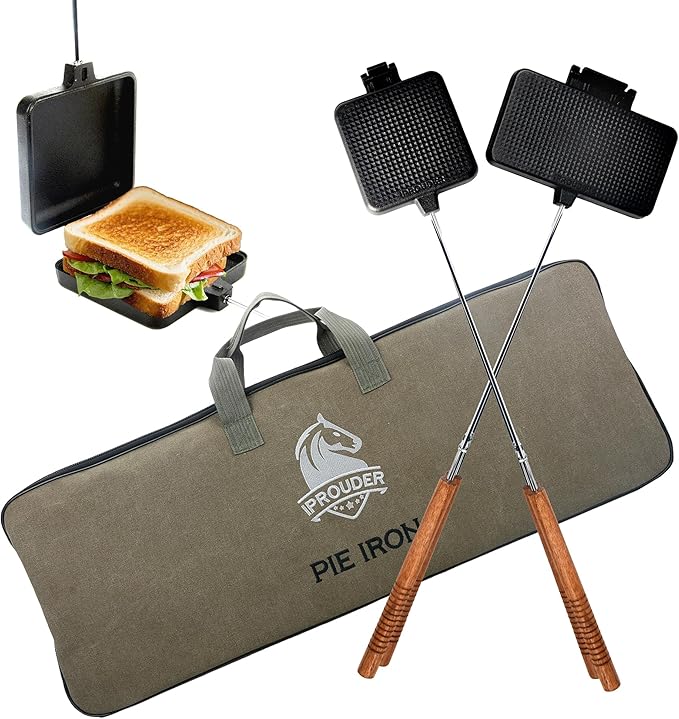 Campfire Pie Iron 4.9" & 8.6" Large Cast Iron Sandwich Maker for Camping 2 Pcs with Storage Bag - 22.6 inch Thickened Handles - Campfire Cooking Equipment for Grilling & Outdoor Cooking