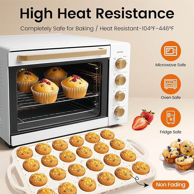 Silicone Muffin Pans With Metal Reinforced Frame - 24 Cups Durable Silicone Baking Pan for Muffins, Cupcakes, BPA Free and Dishwasher Safe - Beige with Rainbow Spots, Set of 2