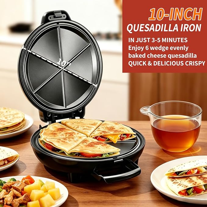 Electric Quesadilla Maker, 9.5'' Quesadilla Press with Extra Stuffing Latch, Easy Slice 6 Wedge, Grilled Cheese Corn Flour Tortilla Snacks, Nonstick Plates, Easy to Clean, Non-Slip Feet, Black