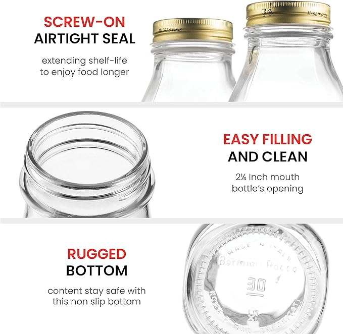 Bormioli Rocco Quattro Stagioni Glass Milk Bottle 33.75 Ounce/1 Liter with Airtight Lid, Great For Kombucha Brewing Bottle, Beer, Homemade Juicing, Smoothies, Beverages, Durable Construction. (4 Pack)