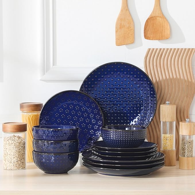 MALACASA 12 Pieces Dinnerware Sets, Modern Plates and Bowls Sets, Blue Dish Set for 4, Kitchen Ceramic Dinner Plates Dishware Set, Microwave and Dishwasher Safe, Series LYDIA