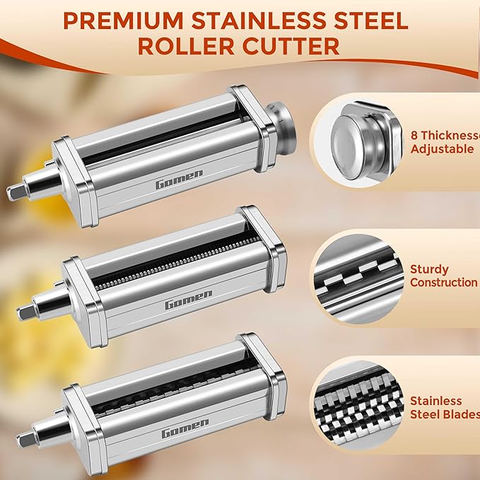 3 PCS Pasta Attachment for all KitchenAid Stand Mixer, Classic Pasta Maker Set Included Pasta Roller, Spaghetti Cutter and Fettuccine Cutter, Durable Pasta maker accessories