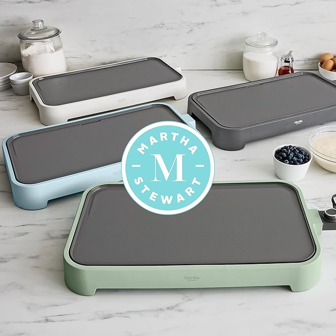 Martha Stewart 12” x 22” Electric Griddle, XL Ceramic Nonstick Flat Top Cooking Surface, Adjustable Temperature Dial, Drip Tray, Dishwasher Safe, 1500W Fast Even Heating, Pancakes & Eggs, Sky Blue