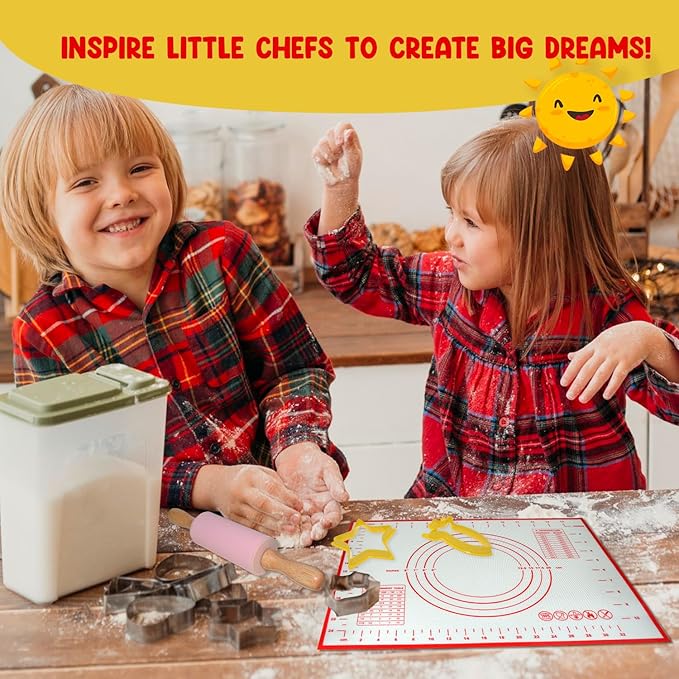 Cookie Baking Cutter Set For Kids - 6 silicon cupcake forms, 24 Assorted Cookie Cutters, Rolling Pin, Silicone Baking Pan, Non-Stick Baking Mat, Fun Activity Gift for Boys and Girls, Age 4+