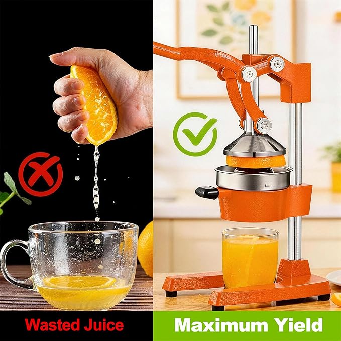Cast Iron Citrus Juicer - 13.8LB Heavy Duty Manual Orange Press, 304 Stainless Steel Cup & Strainer, Professional Lemon Grapefruit Pomegranate Squeezer for Home Bar Kitchen, Orange