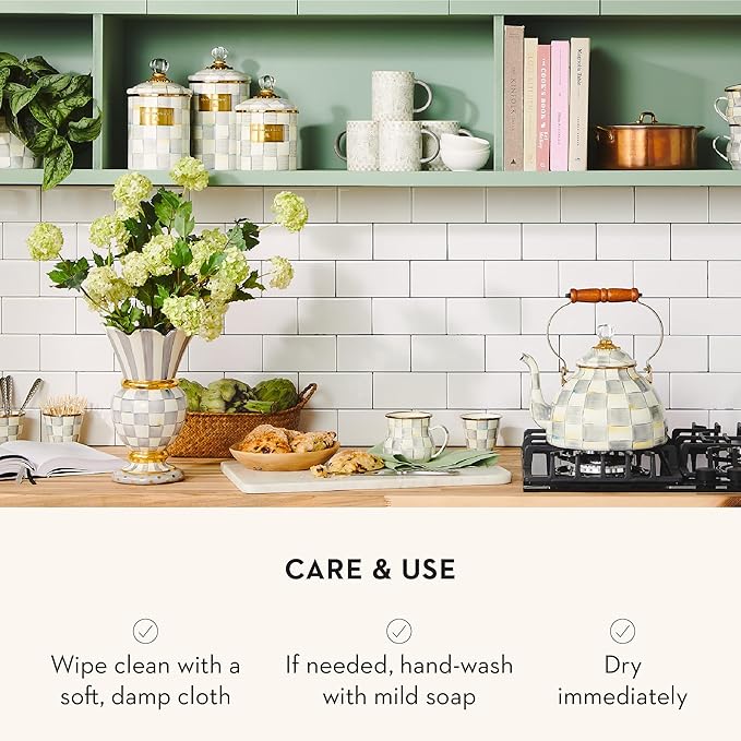MACKENZIE-CHILDS Medium Enamel Canister, Kitchen Storage Container for Flour and Sugar, 1.42 Liters, Grey-and-White Sterling Check